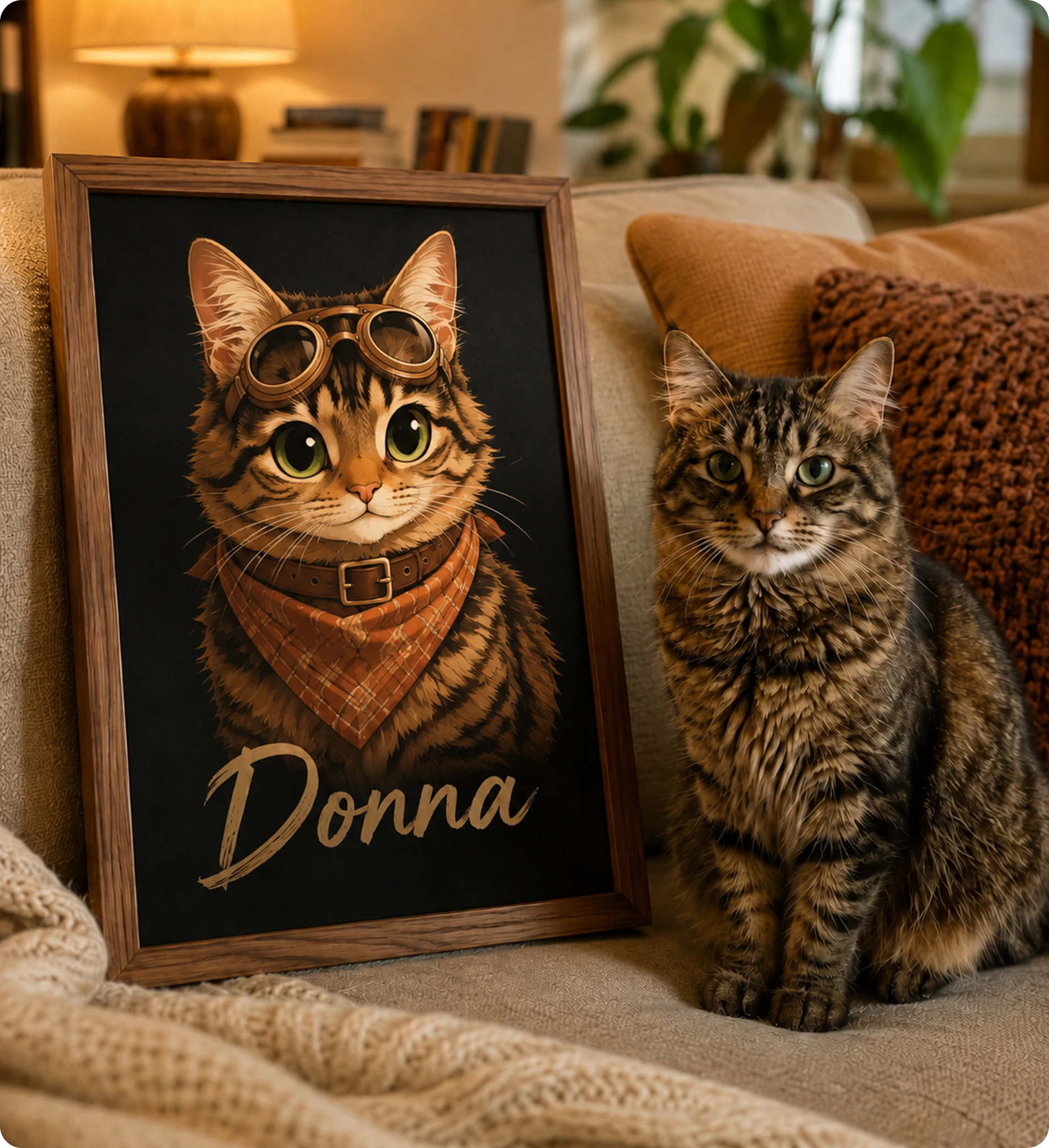 Cat beside a framed illustrated portrait