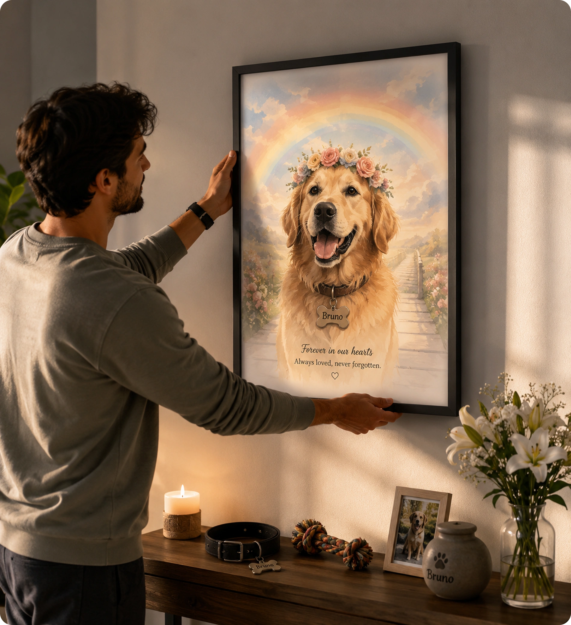 Person hanging a framed watercolor memorial portrait of a golden retriever