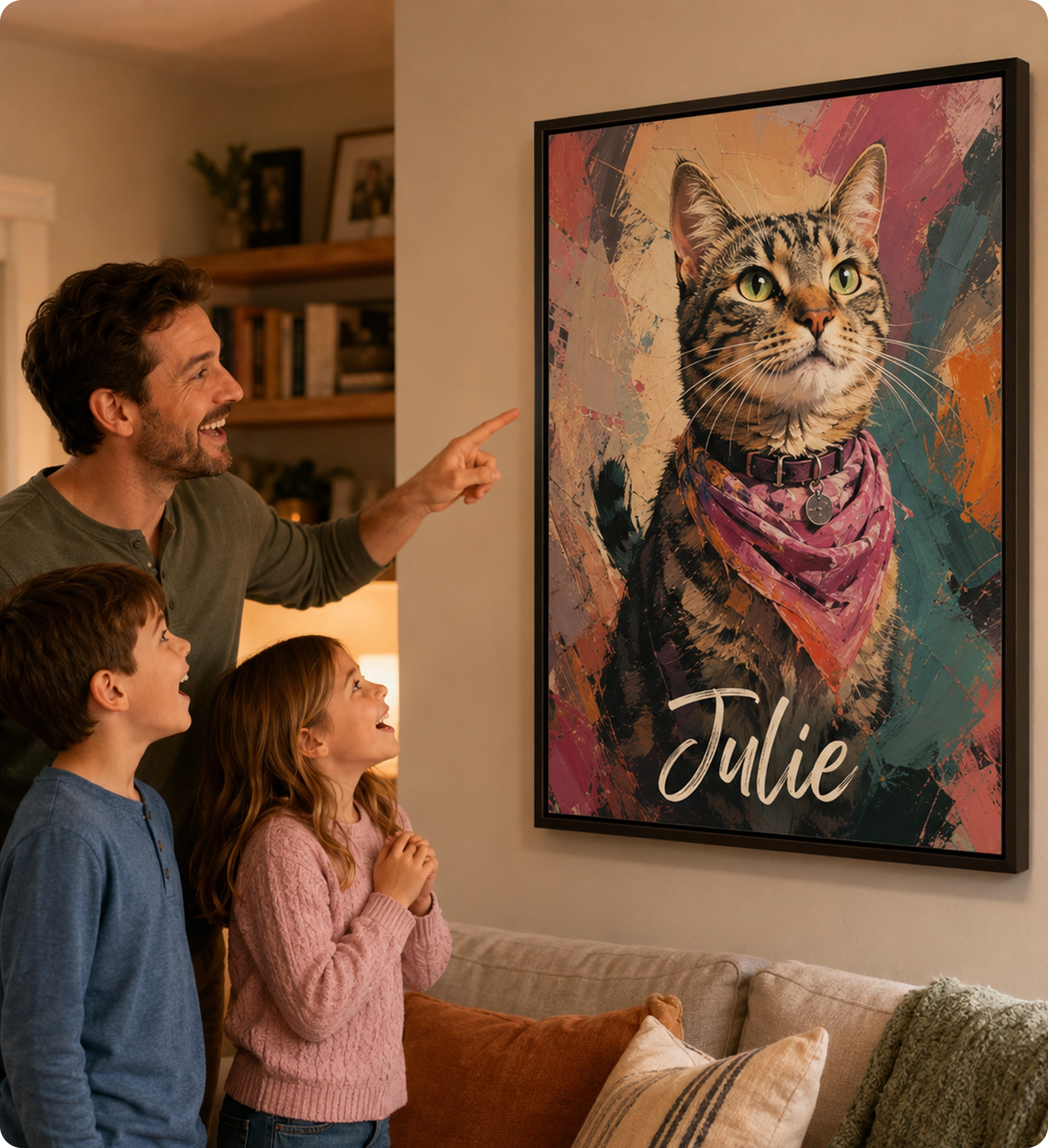 Family admiring a framed palette knife cat portrait