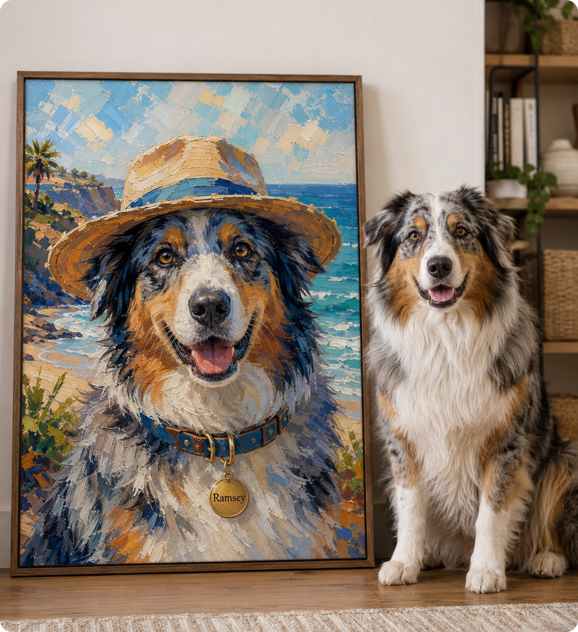Dog beside a framed palette knife beach portrait