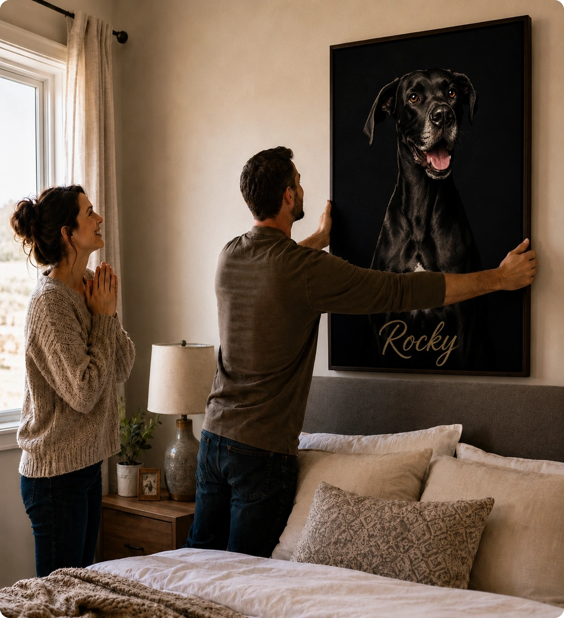 Couple hanging a framed black and white sketch portrait of a dog