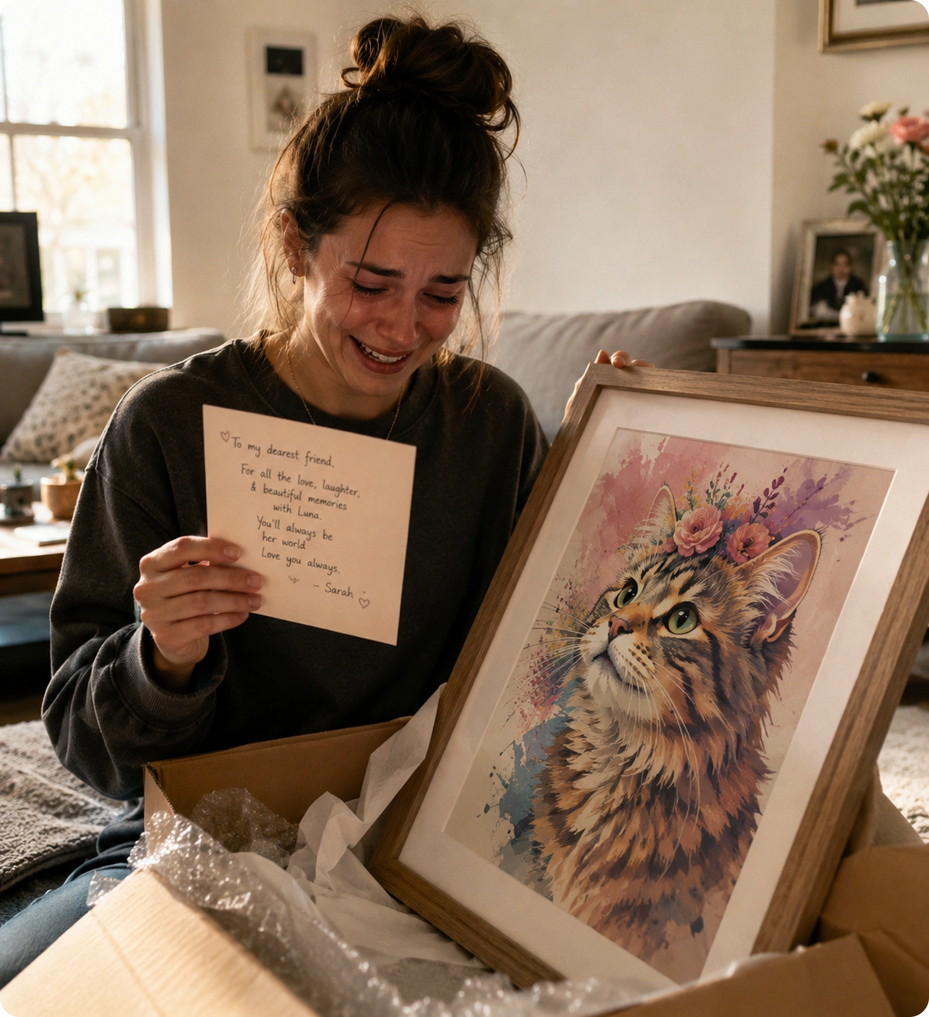 Recipient opening a framed watercolor cat portrait