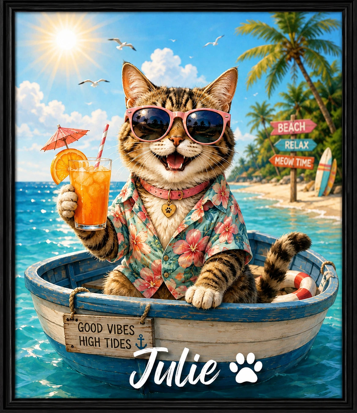 Julie the cat enjoying a tropical beach scene