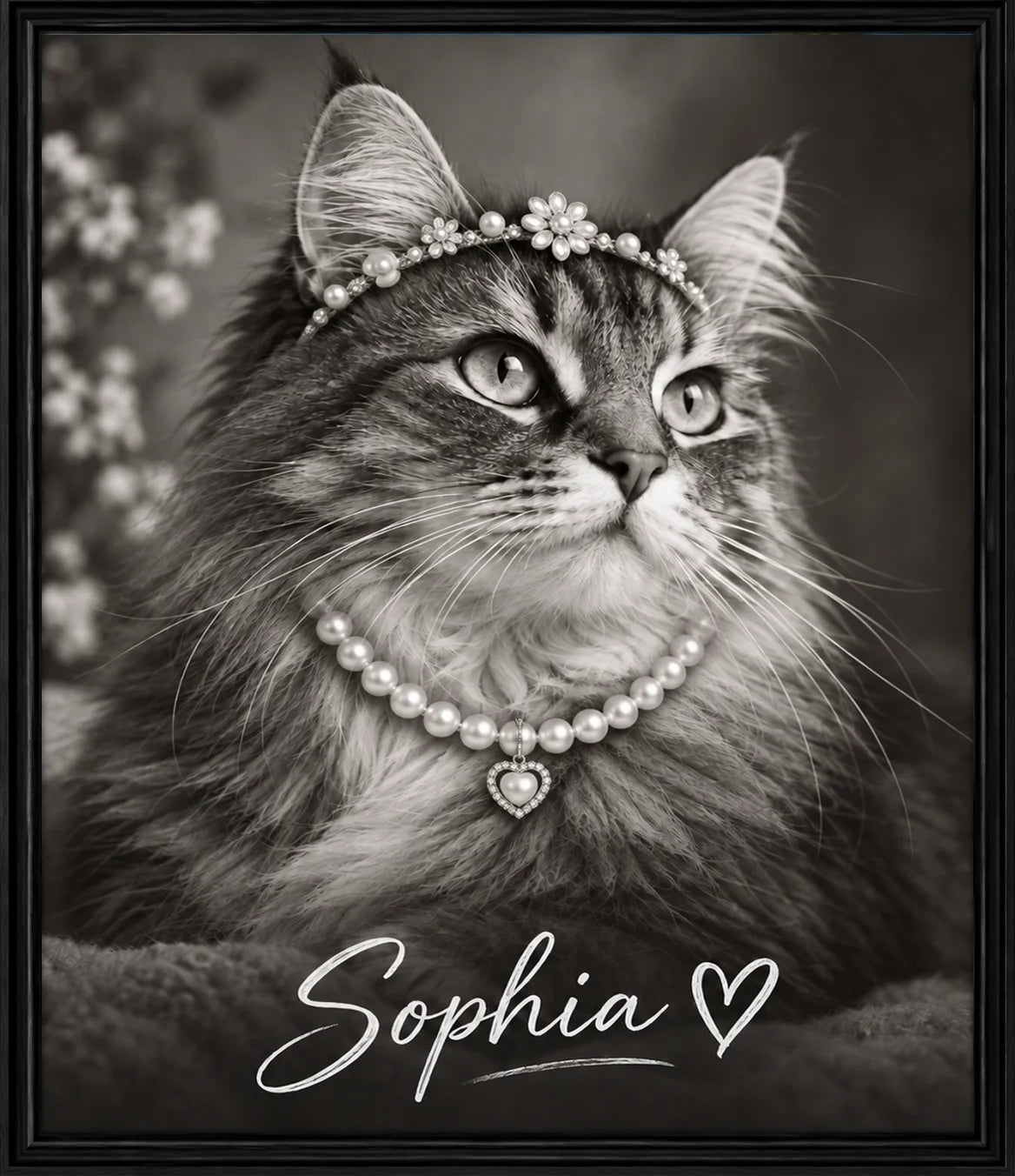 A cat wearing pearls in an elegant monochrome portrait