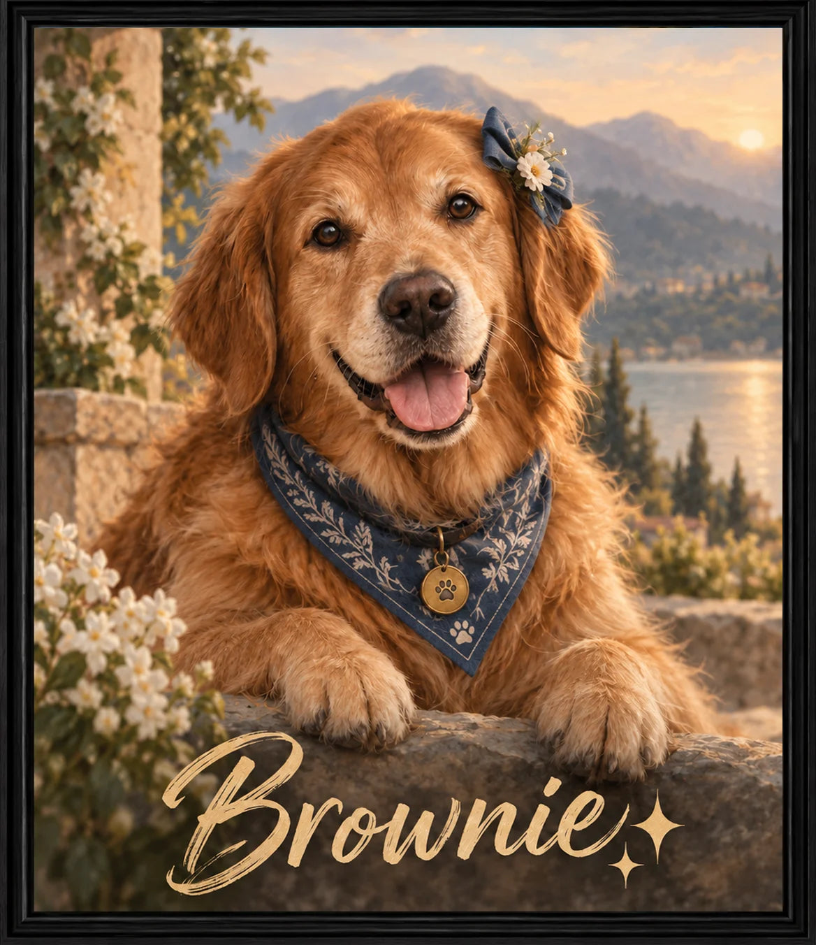 A dog enjoying a warm lakeside mountain sunset