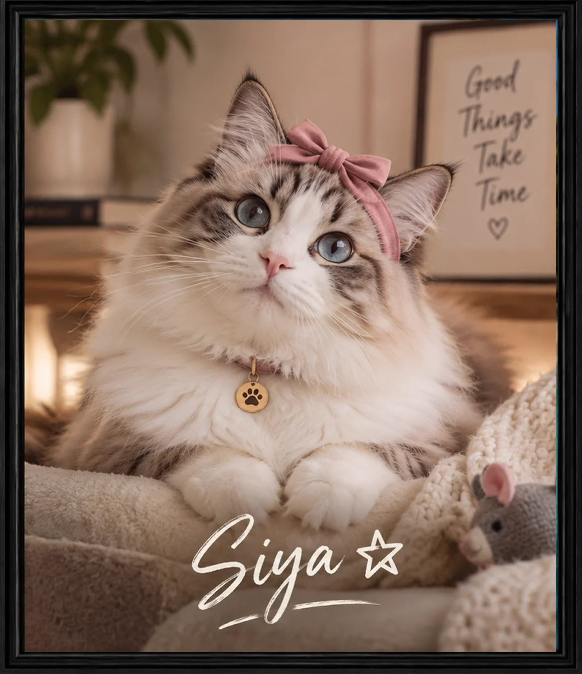 A cat relaxing in a cozy bedroom portrait