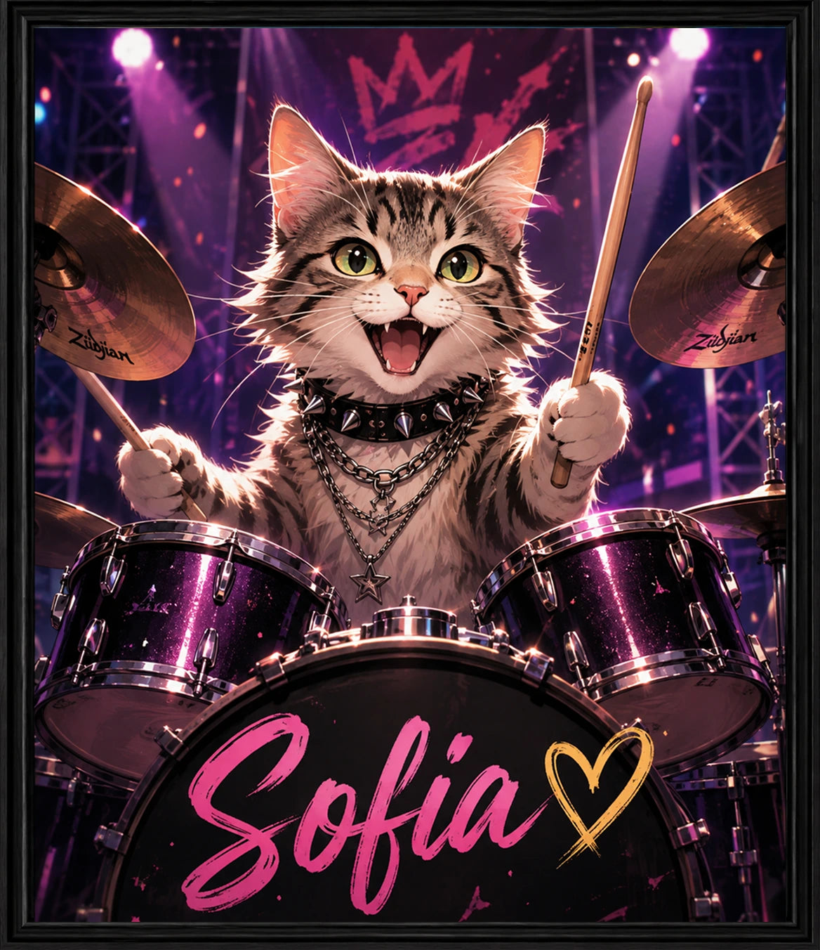 Sofia the cat playing drums on stage