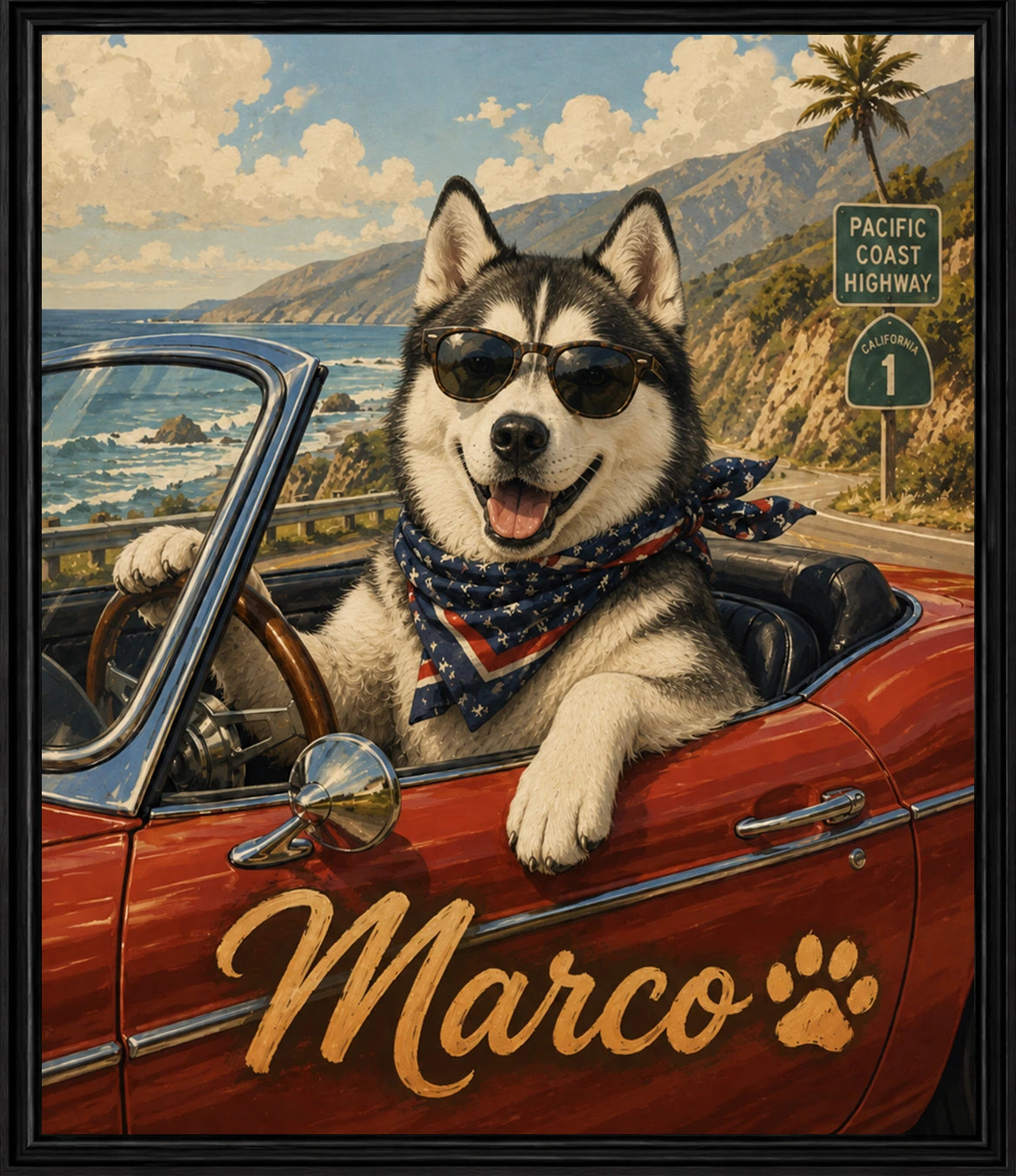 Marco the husky driving along the Pacific Coast Highway