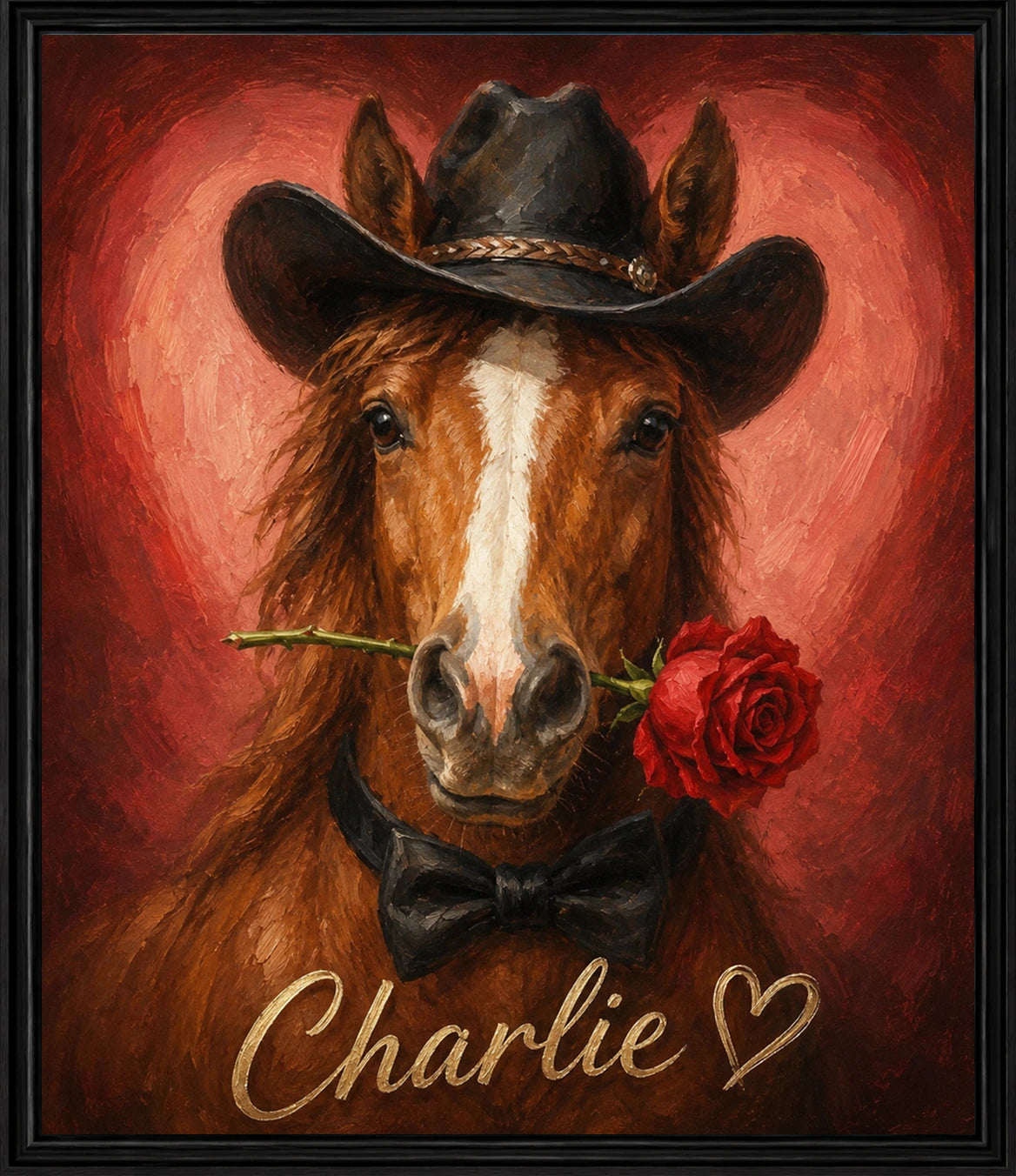 Charlie the horse wearing a cowboy hat with a rose