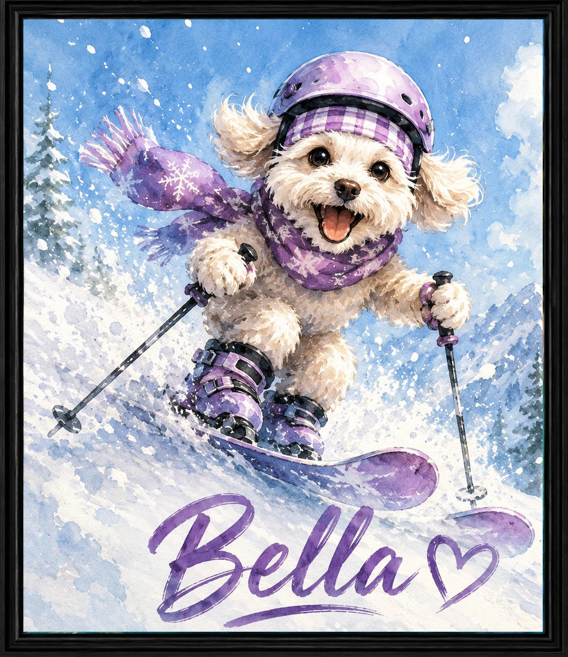Bella the dog skiing through the snow