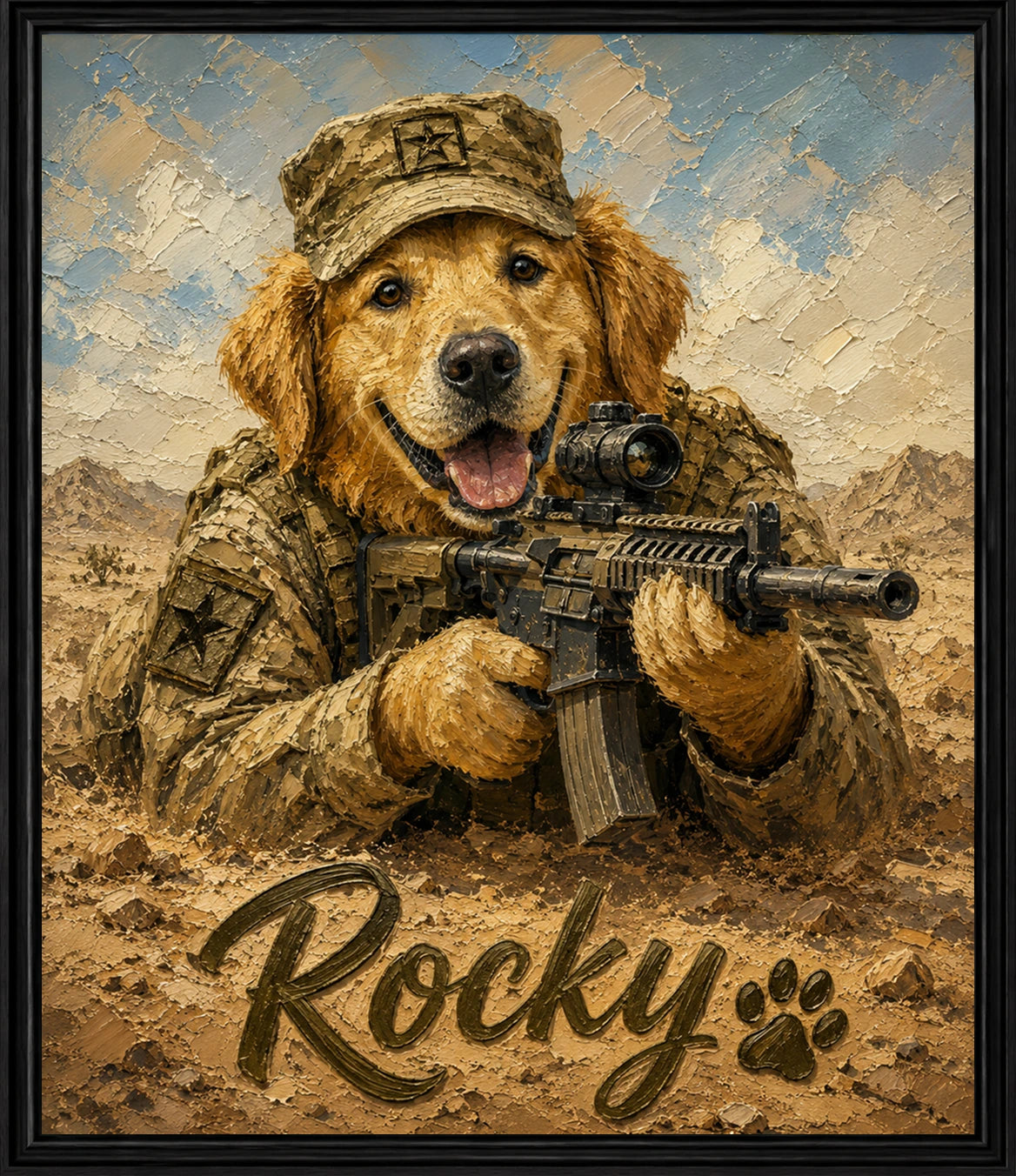 Rocky the dog dressed for a military portrait