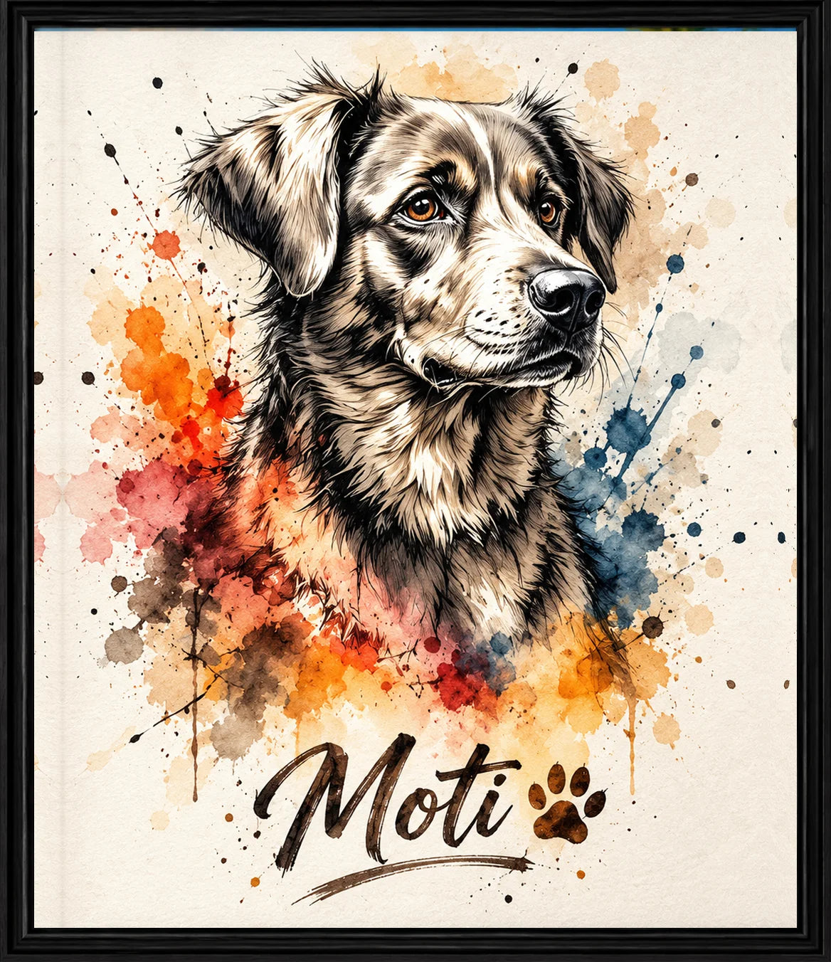 A pet in a colorful watercolor splash name portrait