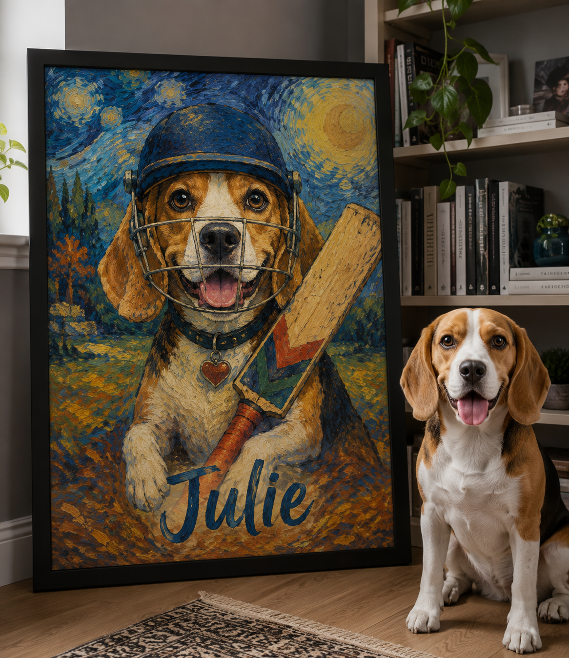 Julie sitting beside a framed cricket-themed portrait