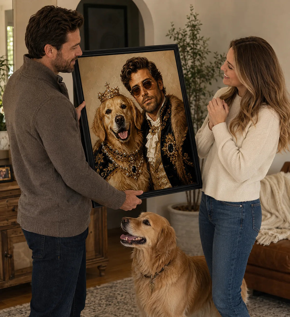 Pet parents with their golden retriever and a framed royal portrait