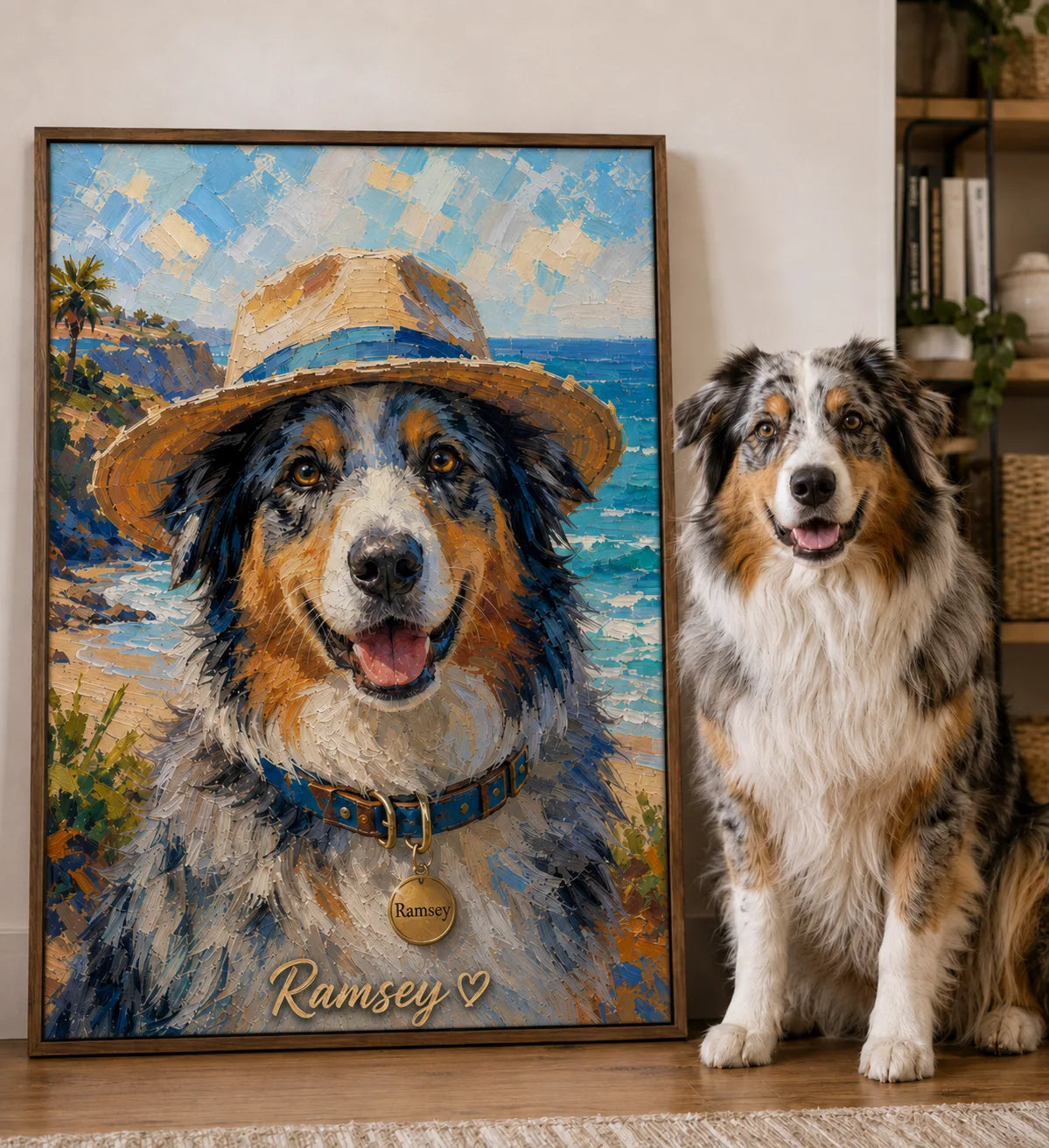 Australian shepherd beside a framed beach portrait
