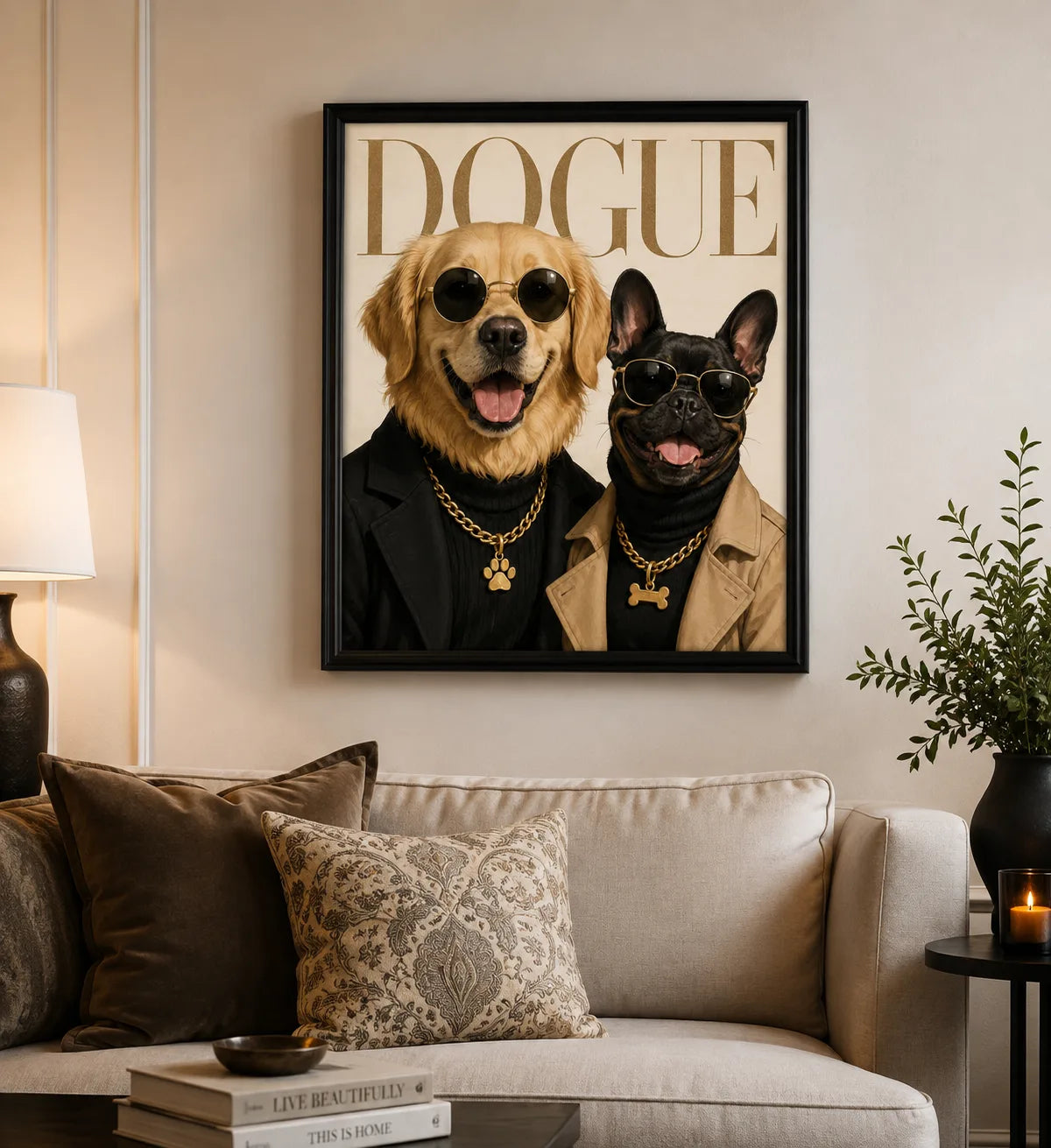 Framed fashion portrait of a golden retriever and French bulldog