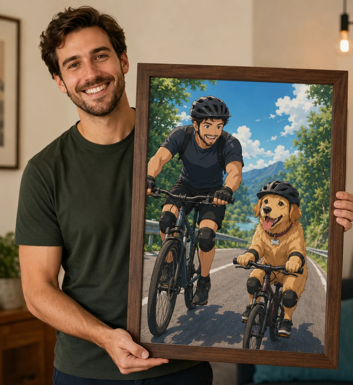 Pet parent holding a framed cycling portrait with his golden retriever