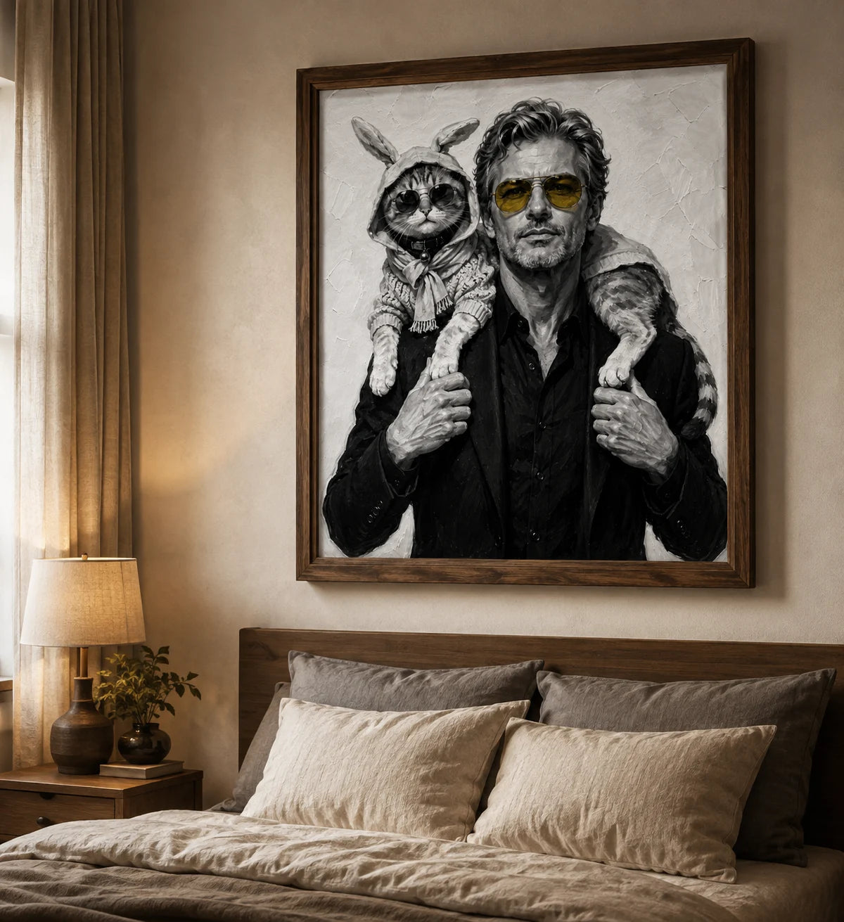 Framed black-and-white portrait of a man with two cats