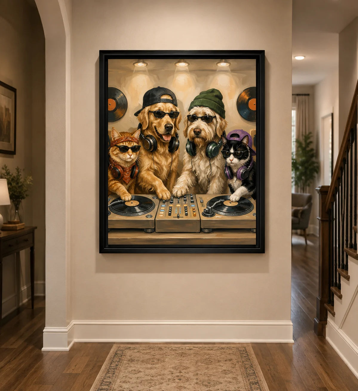 Framed DJ group portrait of two dogs and two cats
