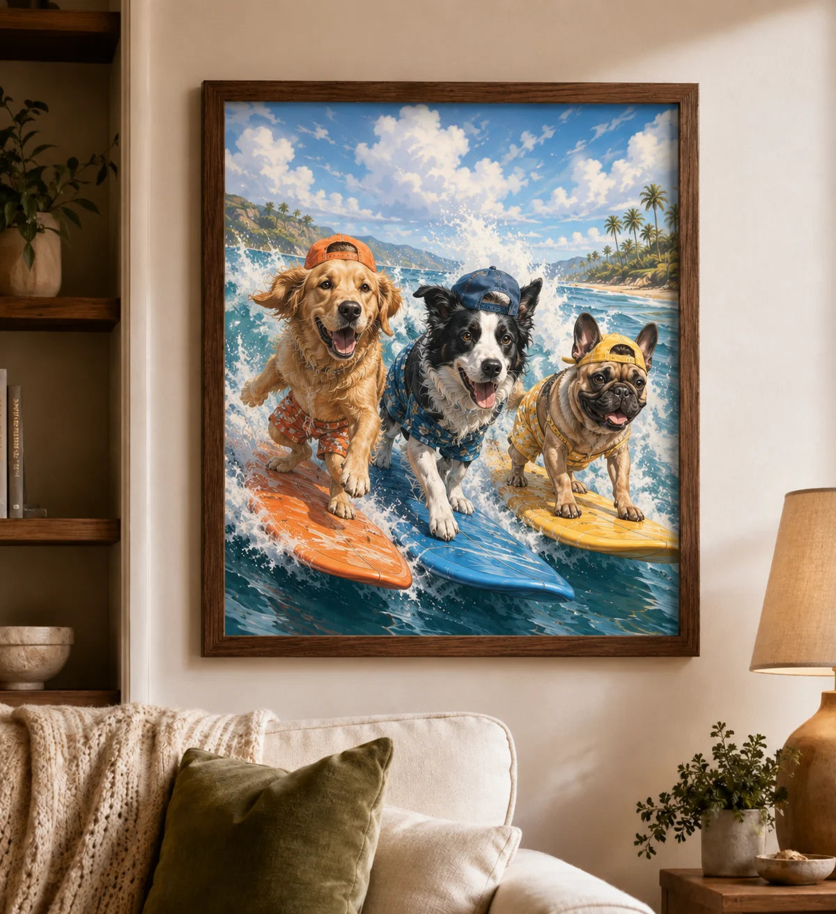 Framed surfing portrait of three dogs