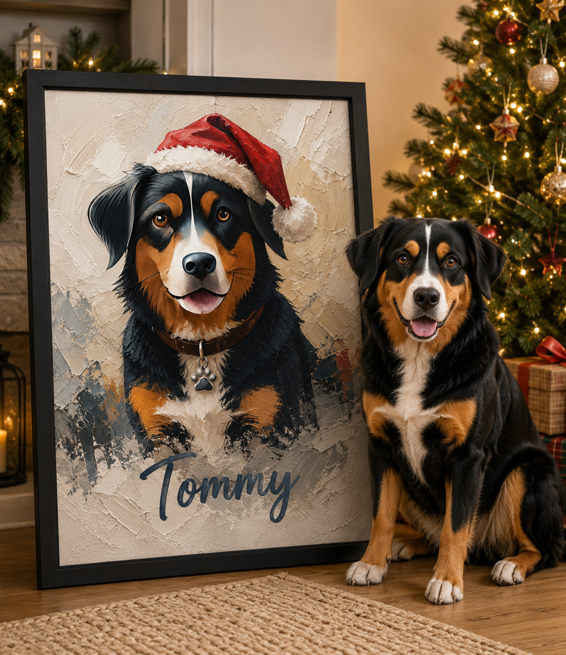 Tommy sitting beside a framed holiday portrait