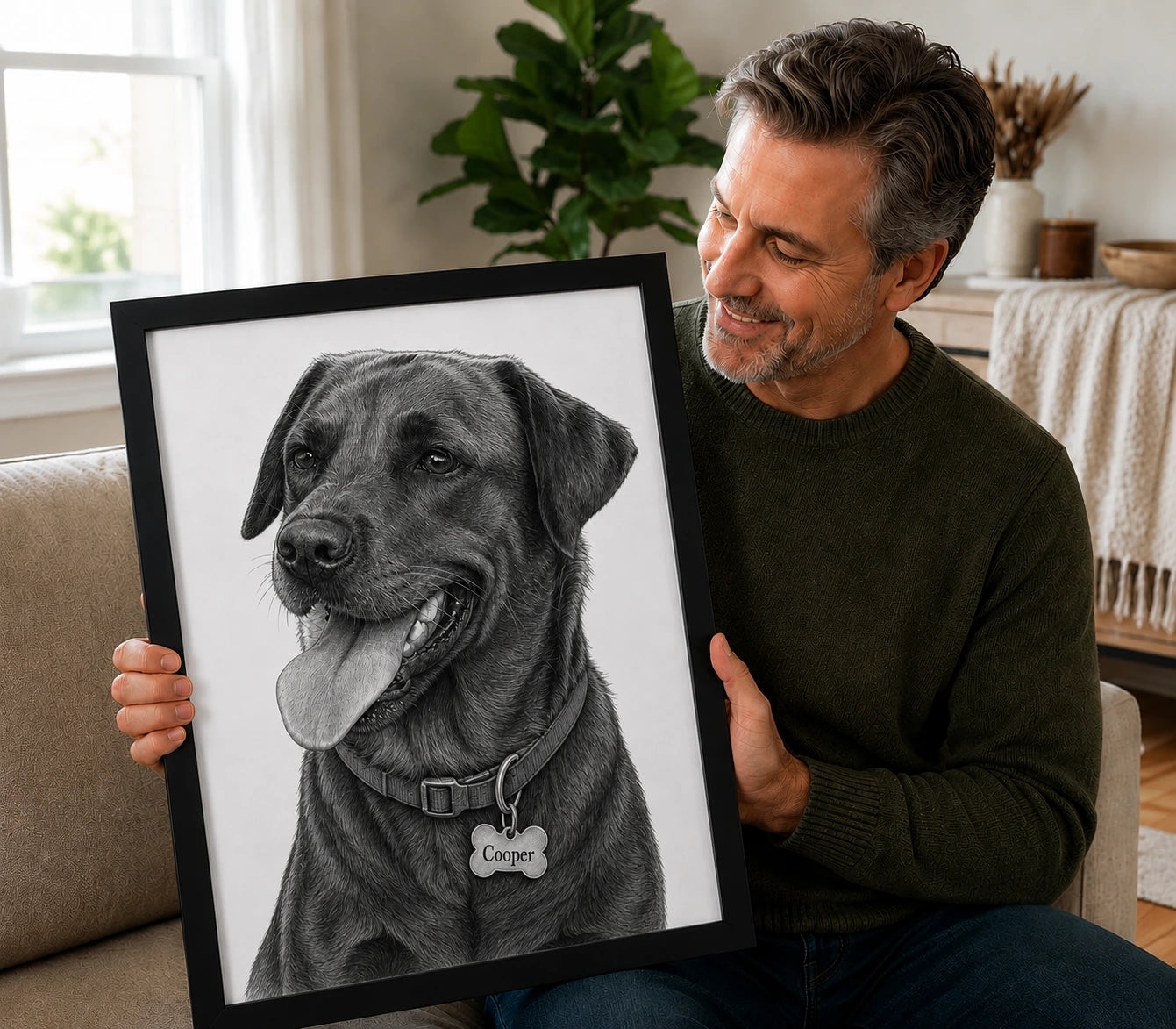 Pet parent holding a framed black dog sketch of Cooper