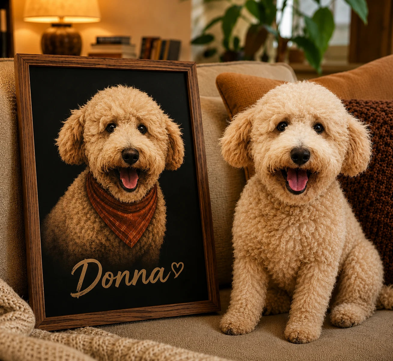 Two happy dogs beside a framed portrait of Donna