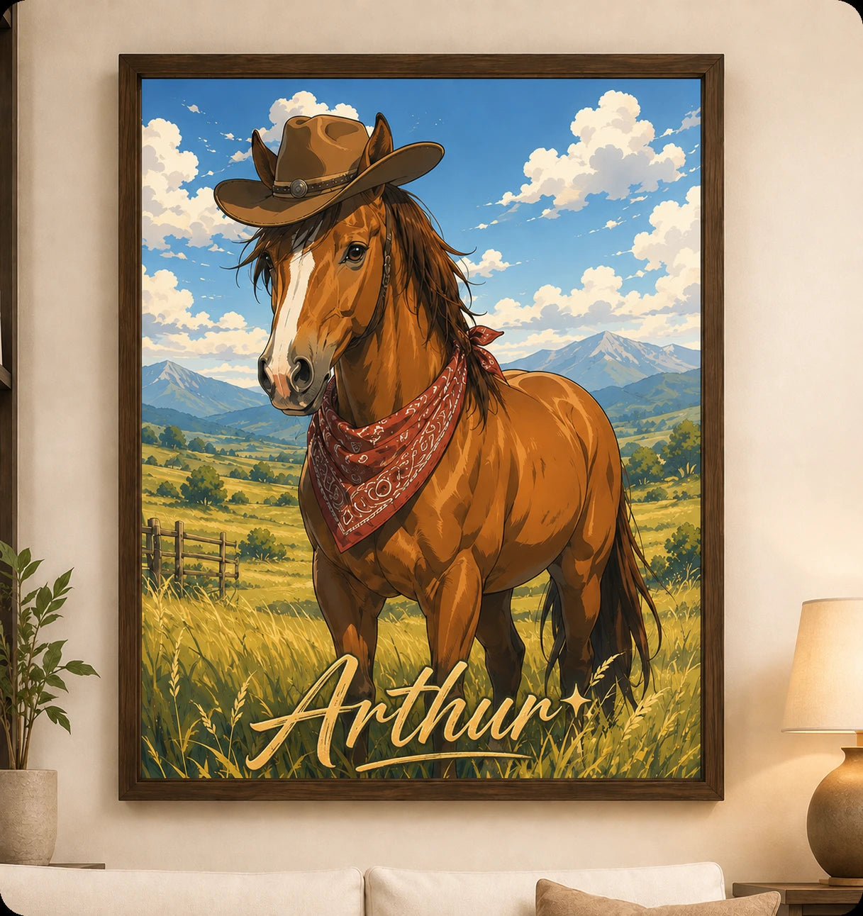 Framed cowboy horse portrait displayed in a living room