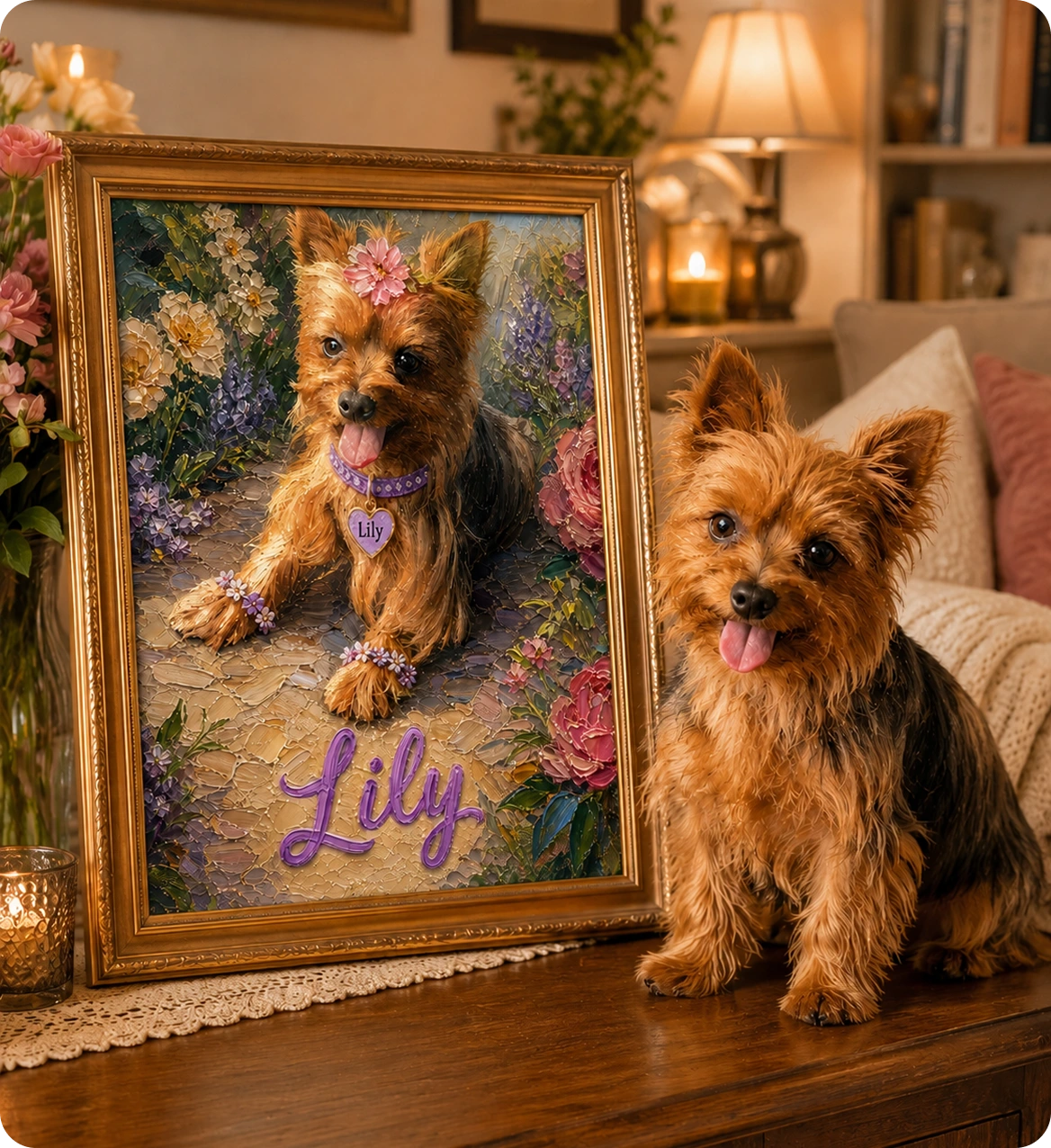 Lily sitting beside her framed floral portrait