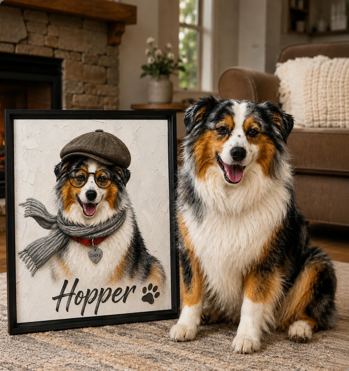 Lucky sitting beside a framed cowboy portrait
