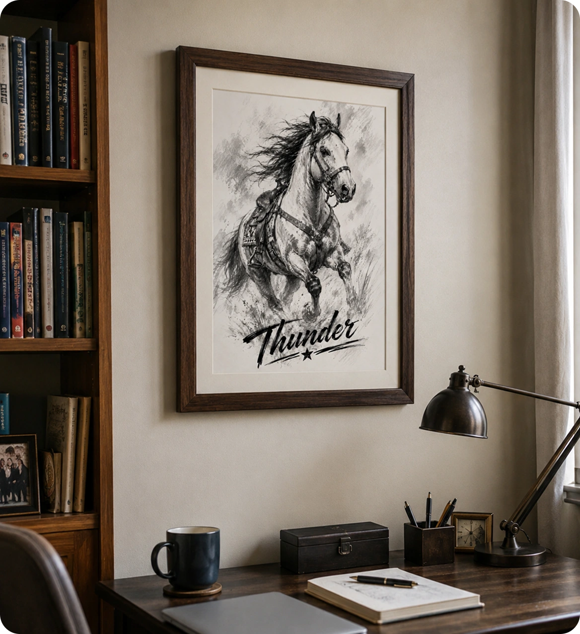 Framed black-and-white portrait of Thunder displayed above a home office desk