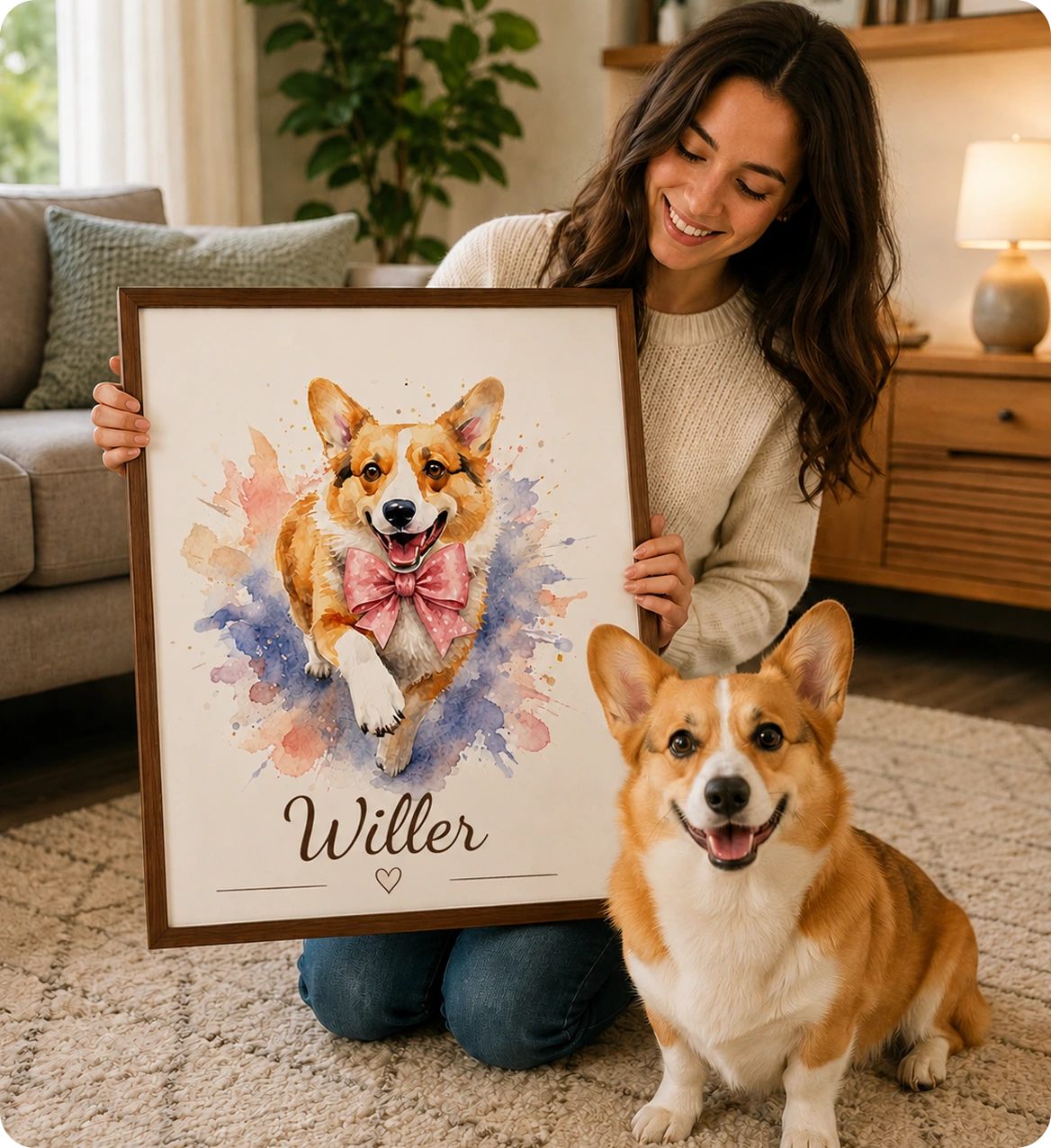 Pet parent displaying a watercolor portrait of Willer