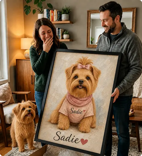 Couple revealing a framed portrait of their dog Sadie