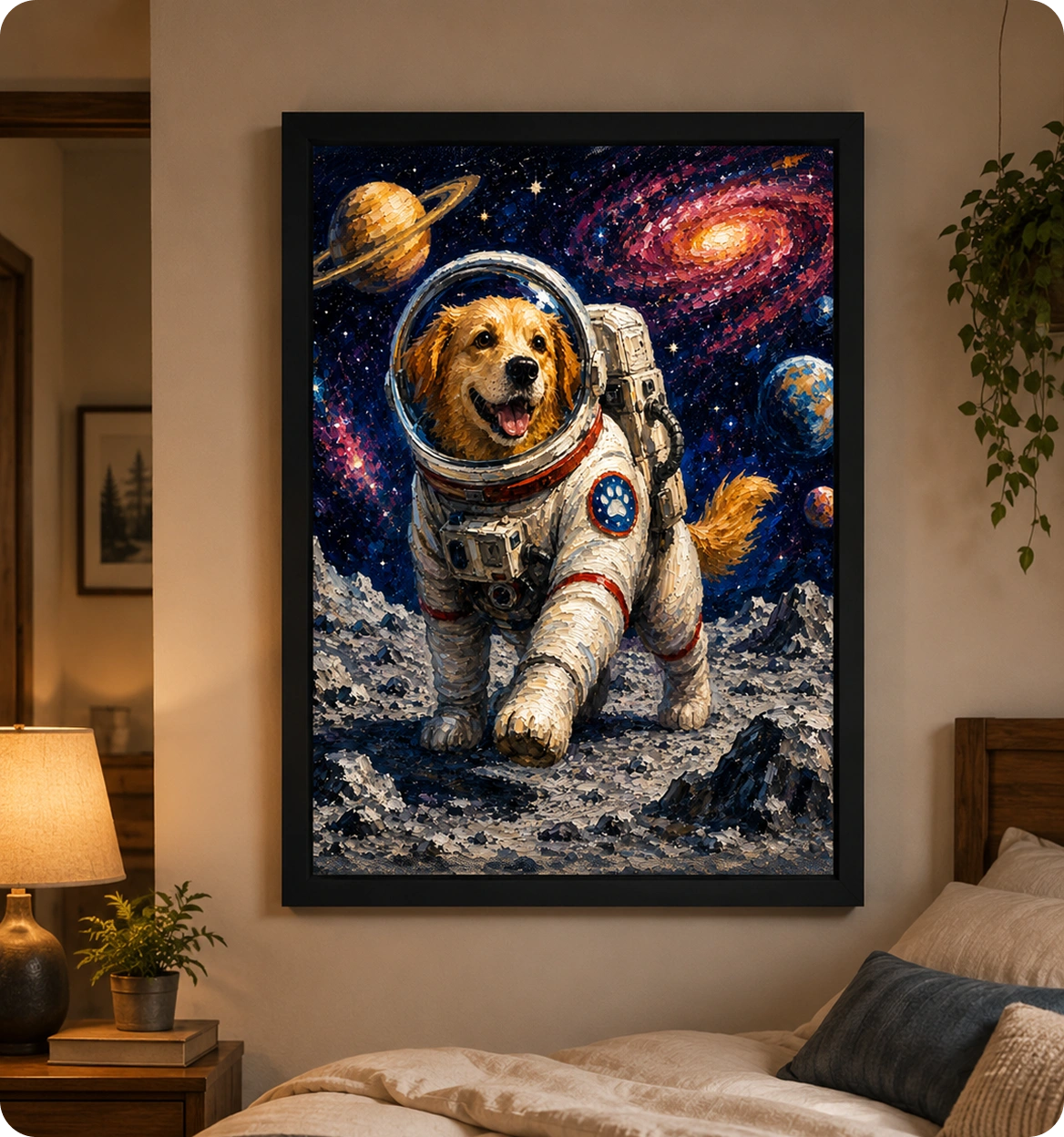 Framed astronaut dog portrait in a bedroom