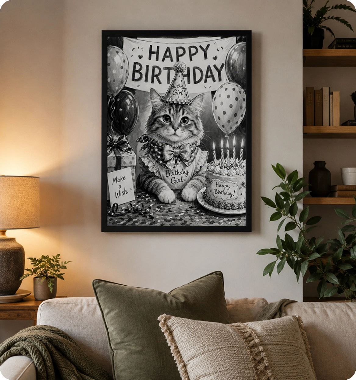 Framed birthday celebration cat portrait in a living room