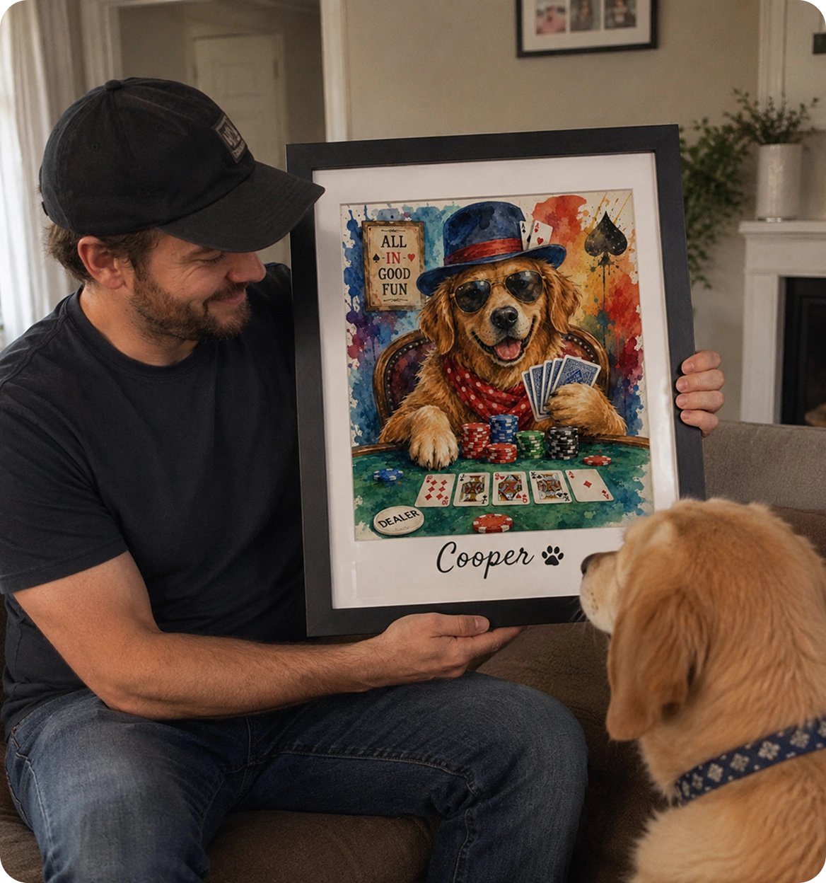 Customer holding a framed poker dog portrait
