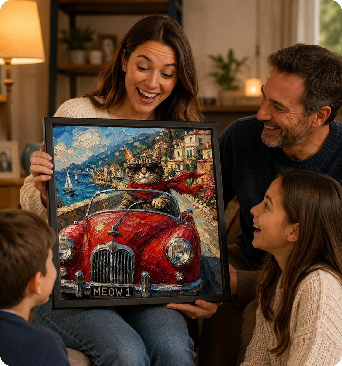 Family holding a framed cat roadster portrait