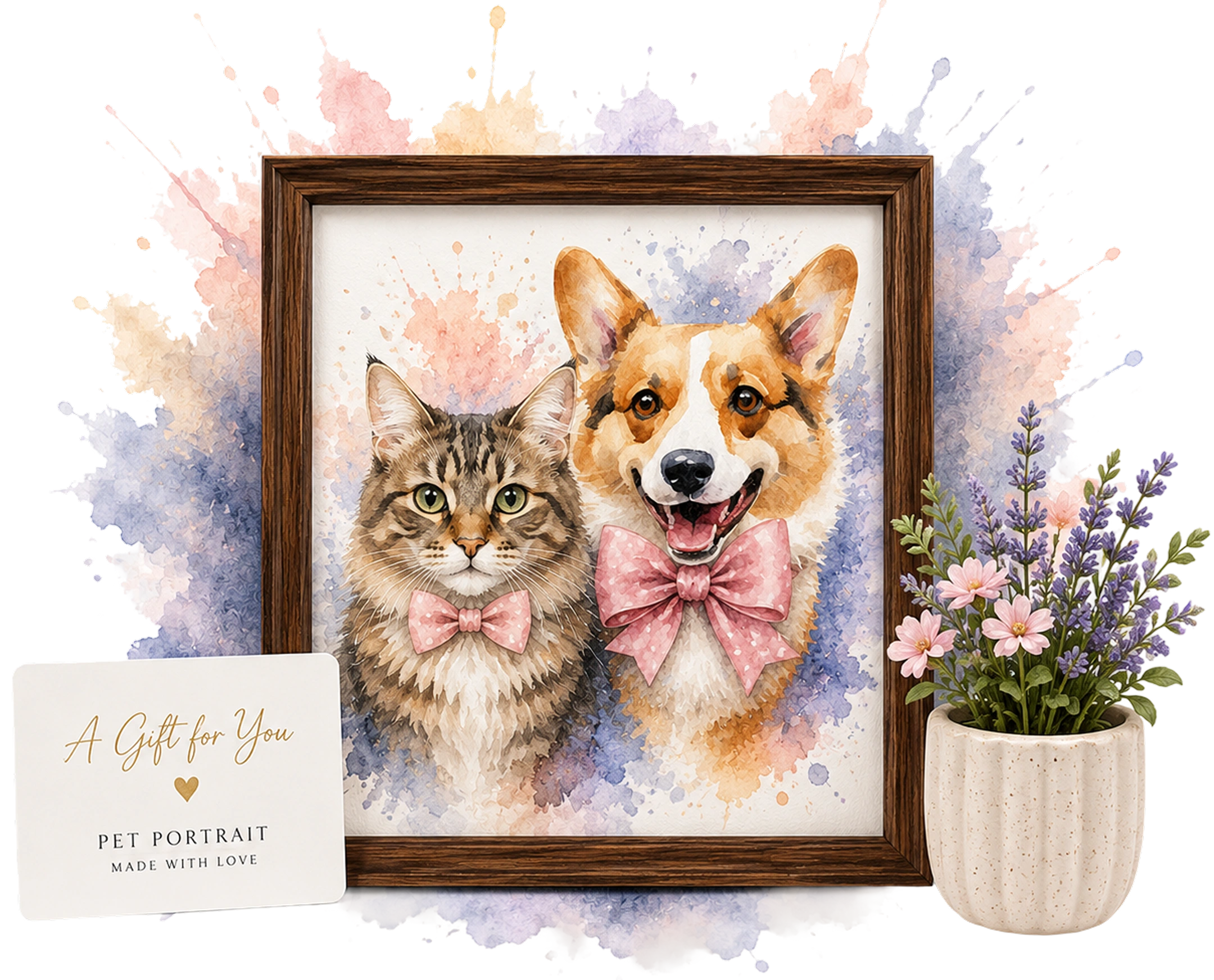 Framed watercolor pet portrait with gift card and flowers