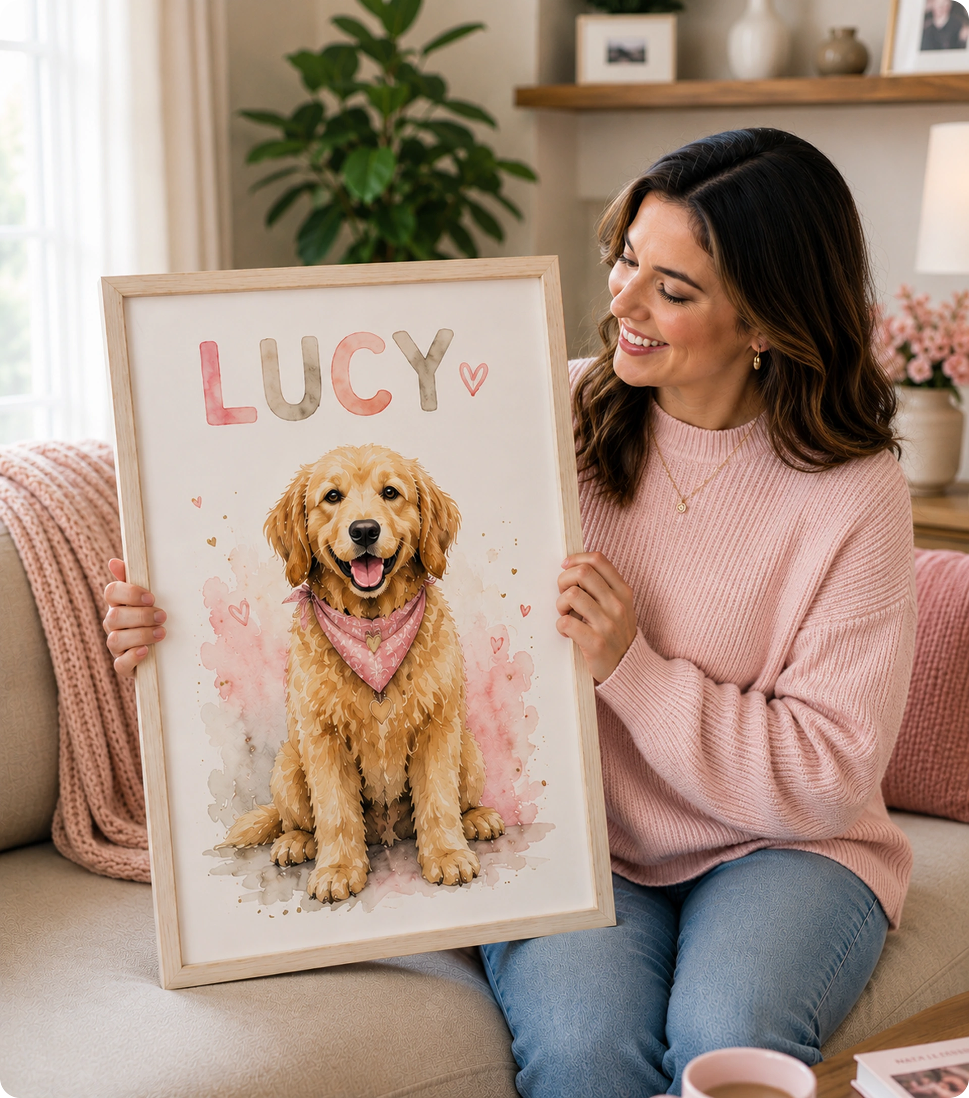 Customer holding a custom pet portrait